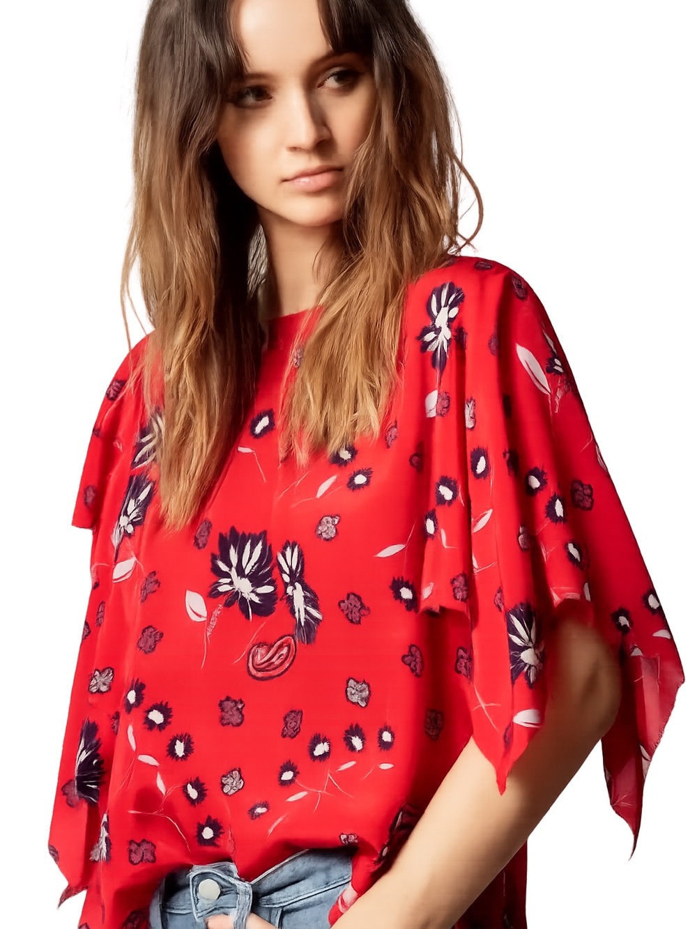 Zadig & Voltaire Rap Daisy Silk Red Floral Flutter Sleeve Blouse